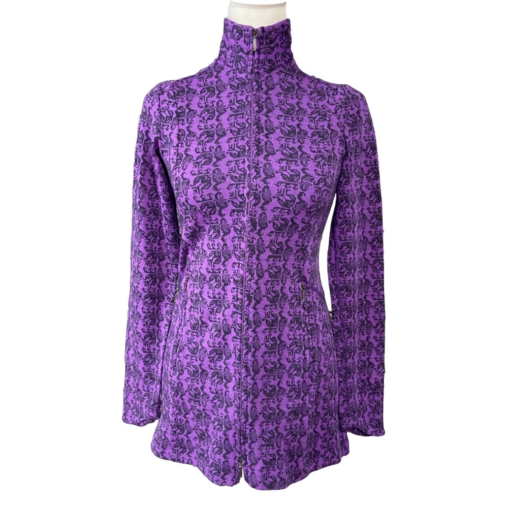 Ibex Sweater‎ Womens XS Purple 100% Merino Wool Mock Neck Full Zip Animal Print